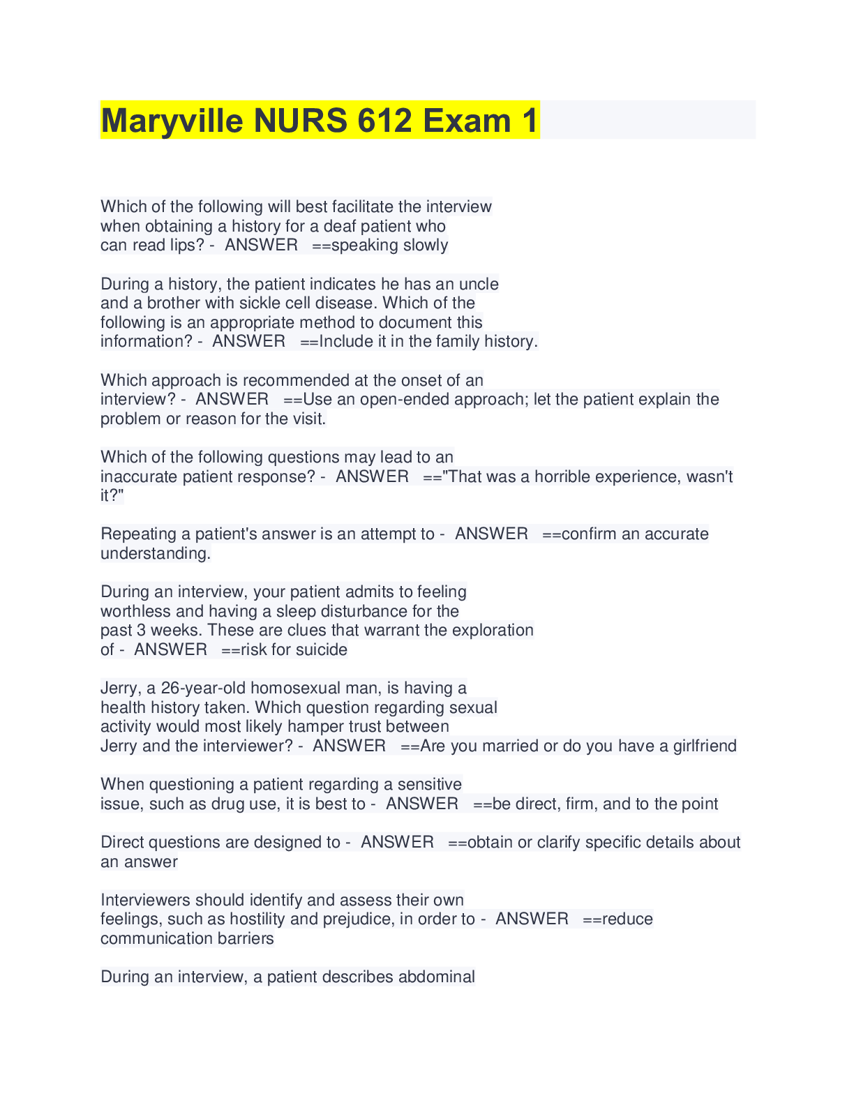 Preview image for Maryville NURS 612 Exam 1